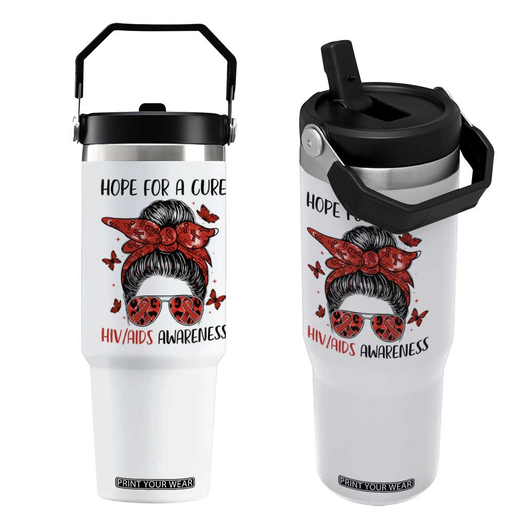 Hope For A Cure HIV Awareness Flip Straw Tumbler Strong Woman Red Ribbon Gift TS12 One Size: 30 oz White Print Your Wear
