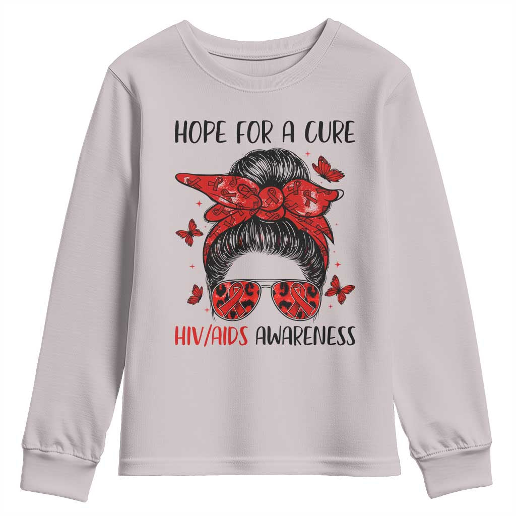 Hope For A Cure HIV Awareness Youth Sweatshirt Strong Woman Red Ribbon Gift TS12 Ice Gray Print Your Wear
