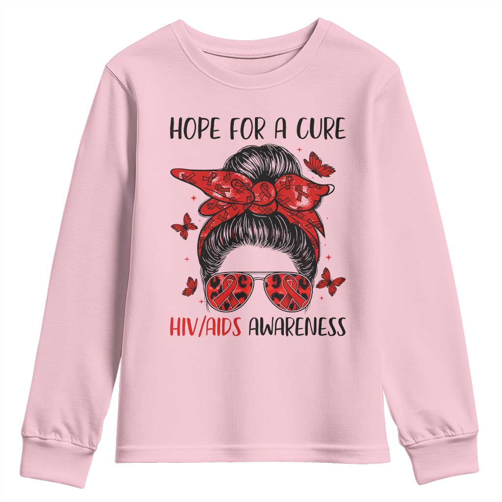 Hope For A Cure HIV Awareness Youth Sweatshirt Strong Woman Red Ribbon Gift TS12 Light Pink Print Your Wear