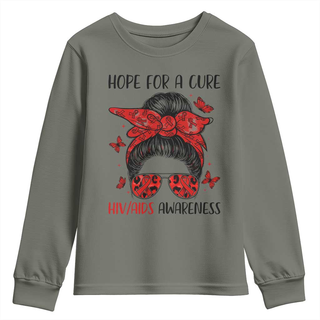 Hope For A Cure HIV Awareness Youth Sweatshirt Strong Woman Red Ribbon Gift TS12 Military Green Print Your Wear
