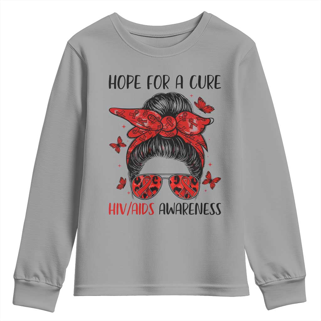 Hope For A Cure HIV Awareness Youth Sweatshirt Strong Woman Red Ribbon Gift TS12 Sport Gray Print Your Wear