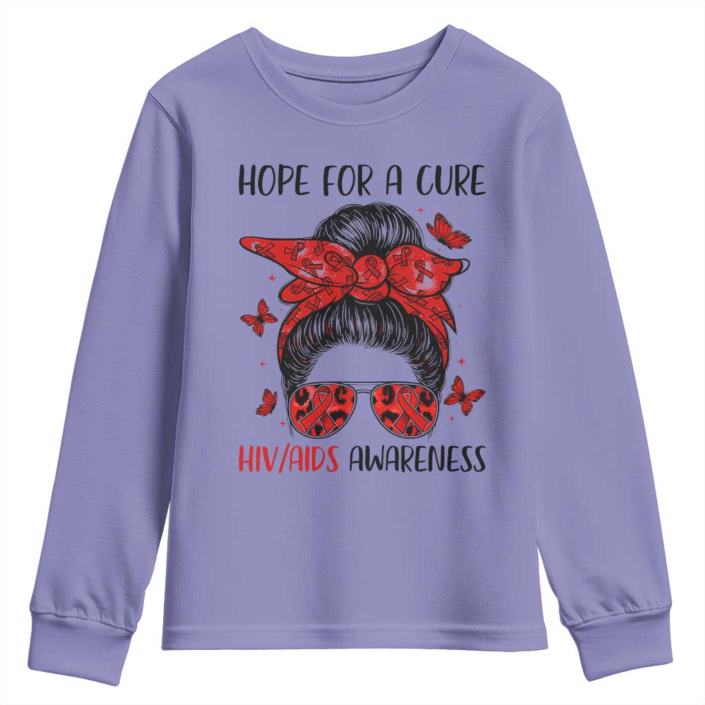 Hope For A Cure HIV Awareness Youth Sweatshirt Strong Woman Red Ribbon Gift TS12 Violet Print Your Wear