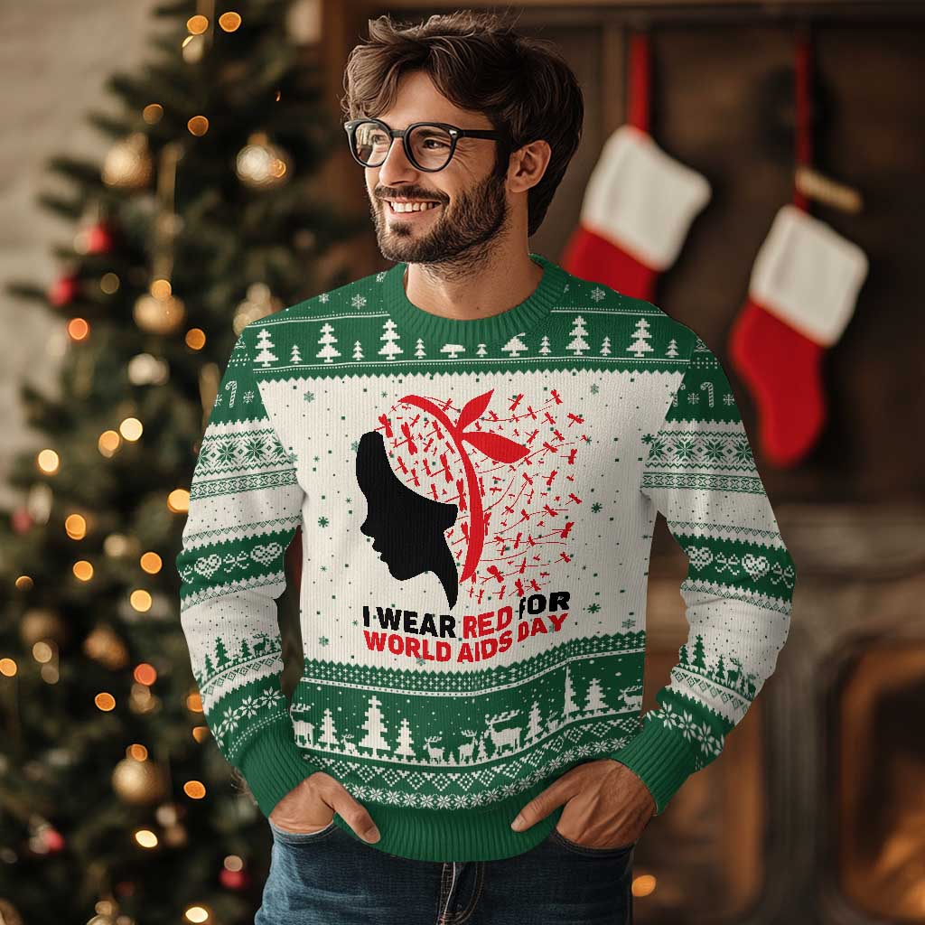 I Wear Red For World AIDS Day Ugly Christmas Sweater HIV Awareness Dragonfly Support Gift TS12 Beige Green Print Your Wear