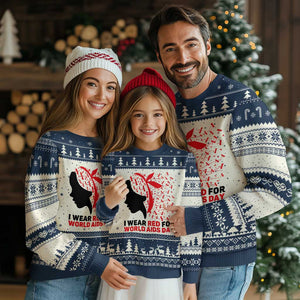 I Wear Red For World AIDS Day Ugly Christmas Sweater HIV Awareness Dragonfly Support Gift TS12 Beige Navy Print Your Wear