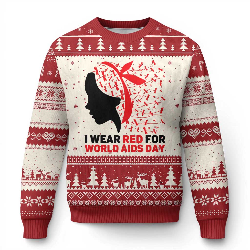 I Wear Red For World AIDS Day Ugly Christmas Sweater HIV Awareness Dragonfly Support Gift TS12 Beige Red Print Your Wear