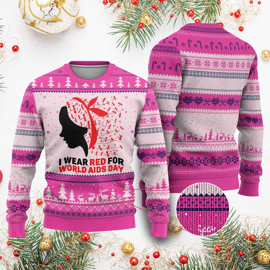 I Wear Red For World AIDS Day Ugly Christmas Sweater HIV Awareness Dragonfly Support Gift TS12 Hot Pink Print Your Wear