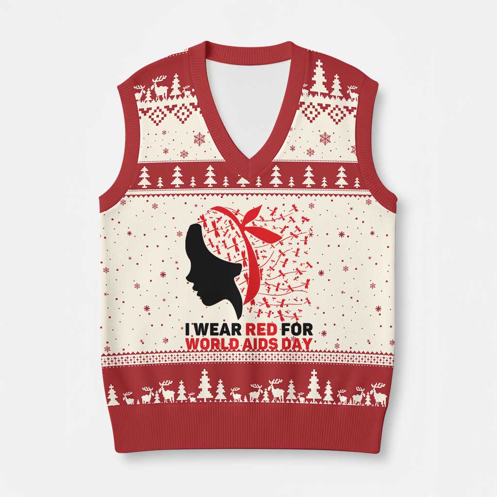 I Wear Red For World AIDS Day V-Neck Knit Sweater Vest HIV Awareness Dragonfly Support Gift TS12 Beige Red Print Your Wear