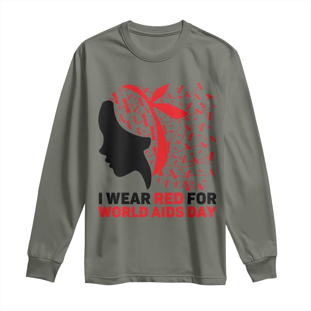 I Wear Red For World AIDS Day Long Sleeve Shirt HIV Awareness Dragonfly Support Gift TS12 Military Green Print Your Wear