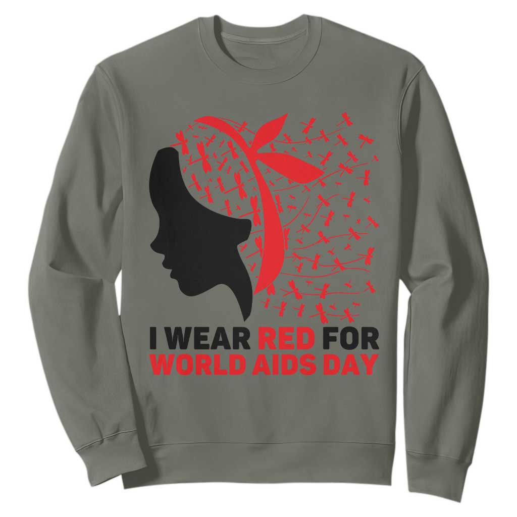I Wear Red For World AIDS Day Sweatshirt HIV Awareness Dragonfly Support Gift TS12 Military Green Print Your Wear