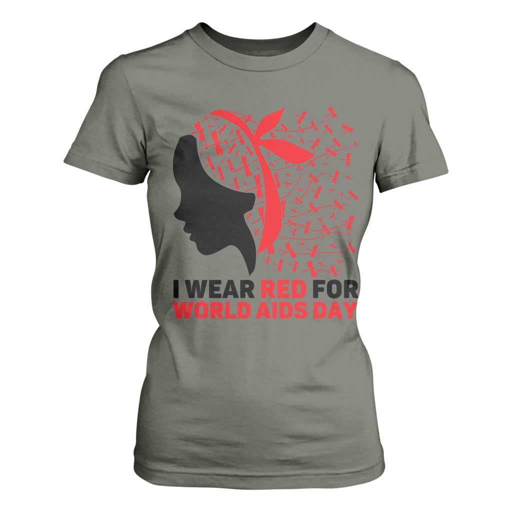 I Wear Red For World AIDS Day T Shirt For Women HIV Awareness Dragonfly Support Gift TS12 Military Green Print Your Wear