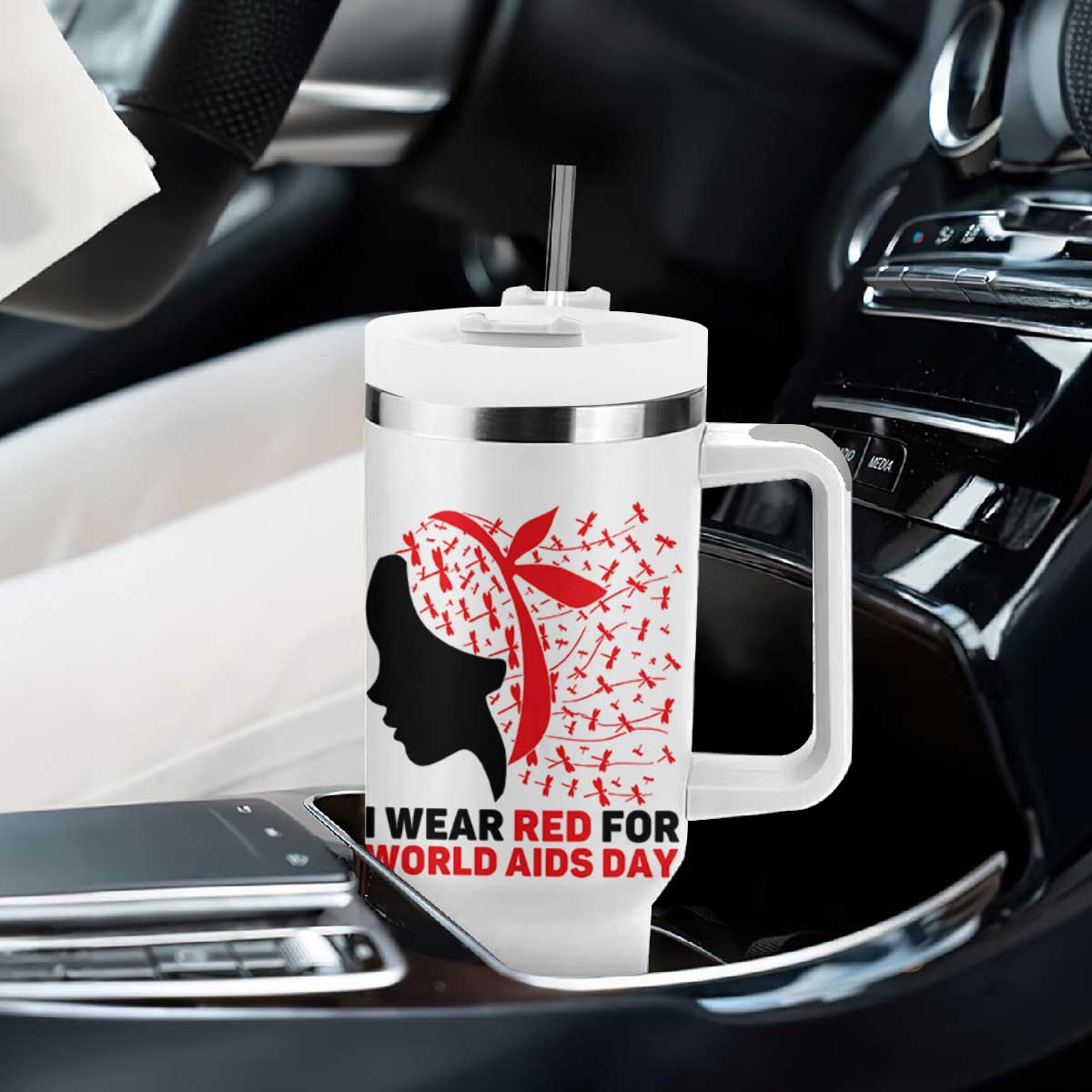 I Wear Red For World AIDS Day Tumbler With Handle HIV Awareness Dragonfly Support Gift TS12 Print Your Wear