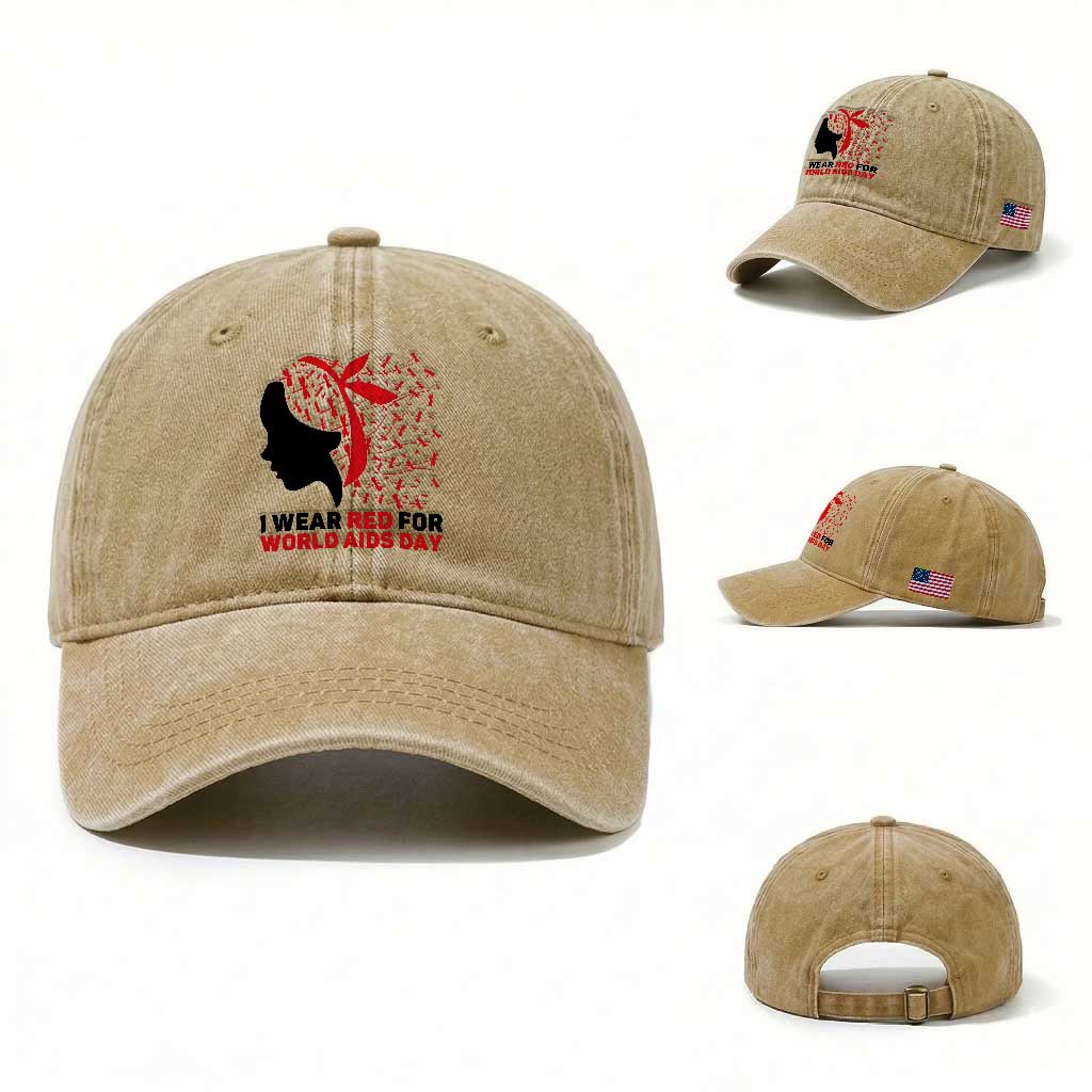 I Wear Red For World AIDS Day Washed Cotton Baseball Cap HIV Awareness Dragonfly Support Gift TS12 Washed Cap Universal Fit Khaki Print Your Wear