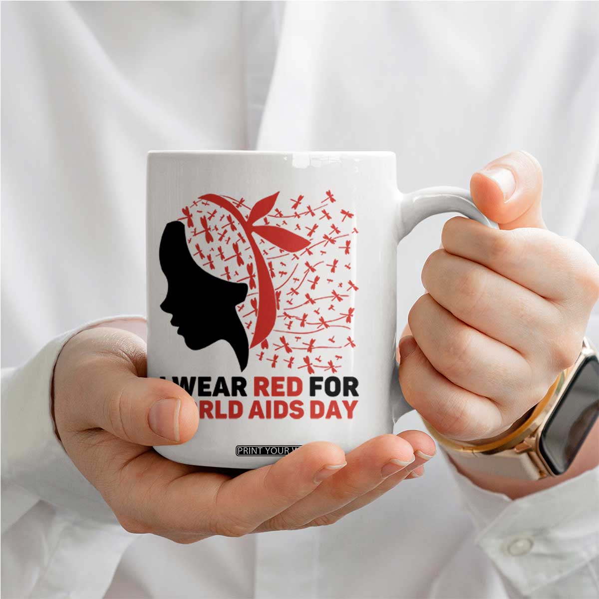 I Wear Red For World AIDS Day Coffee Mug HIV Awareness Dragonfly Support Gift TS12 Print Your Wear