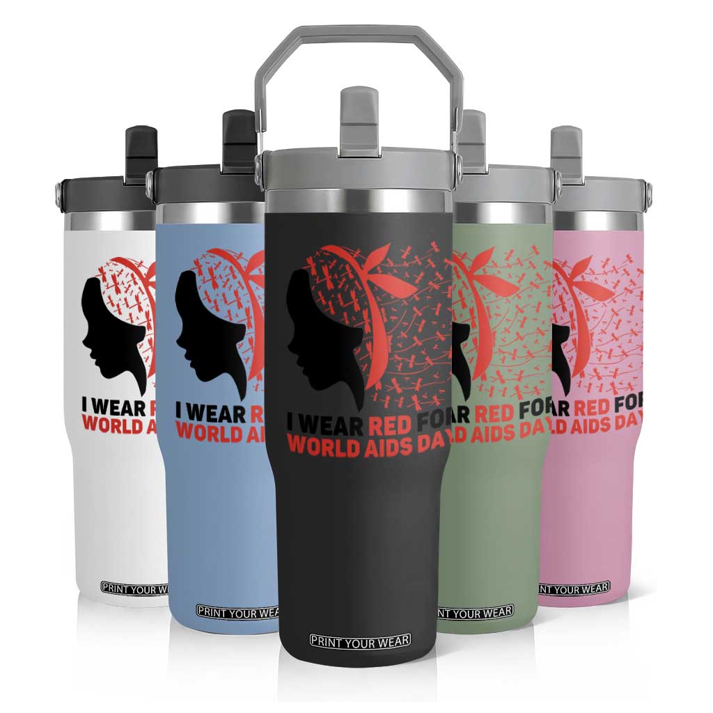 I Wear Red For World AIDS Day Flip Straw Tumbler HIV Awareness Dragonfly Support Gift TS12 Print Your Wear