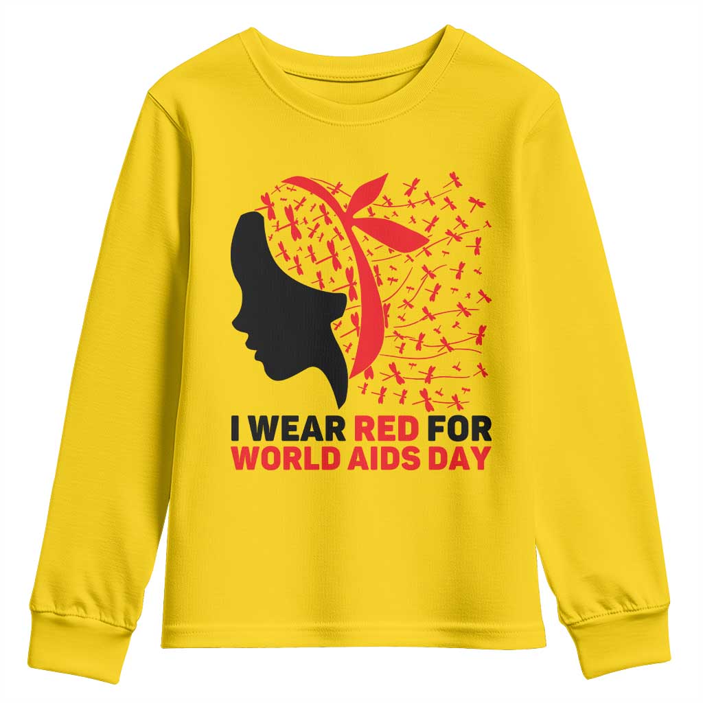 I Wear Red For World AIDS Day Youth Sweatshirt HIV Awareness Dragonfly Support Gift TS12 Daisy Print Your Wear