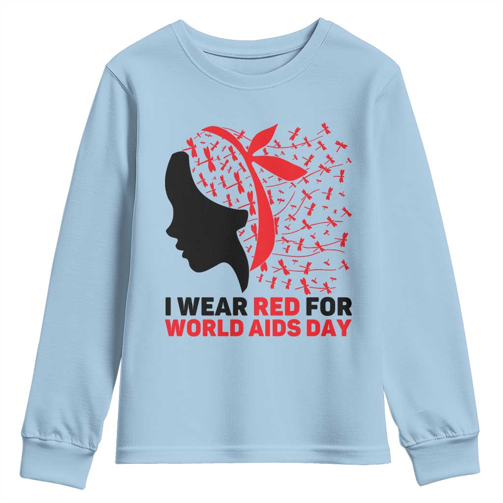 I Wear Red For World AIDS Day Youth Sweatshirt HIV Awareness Dragonfly Support Gift TS12 Light Blue Print Your Wear