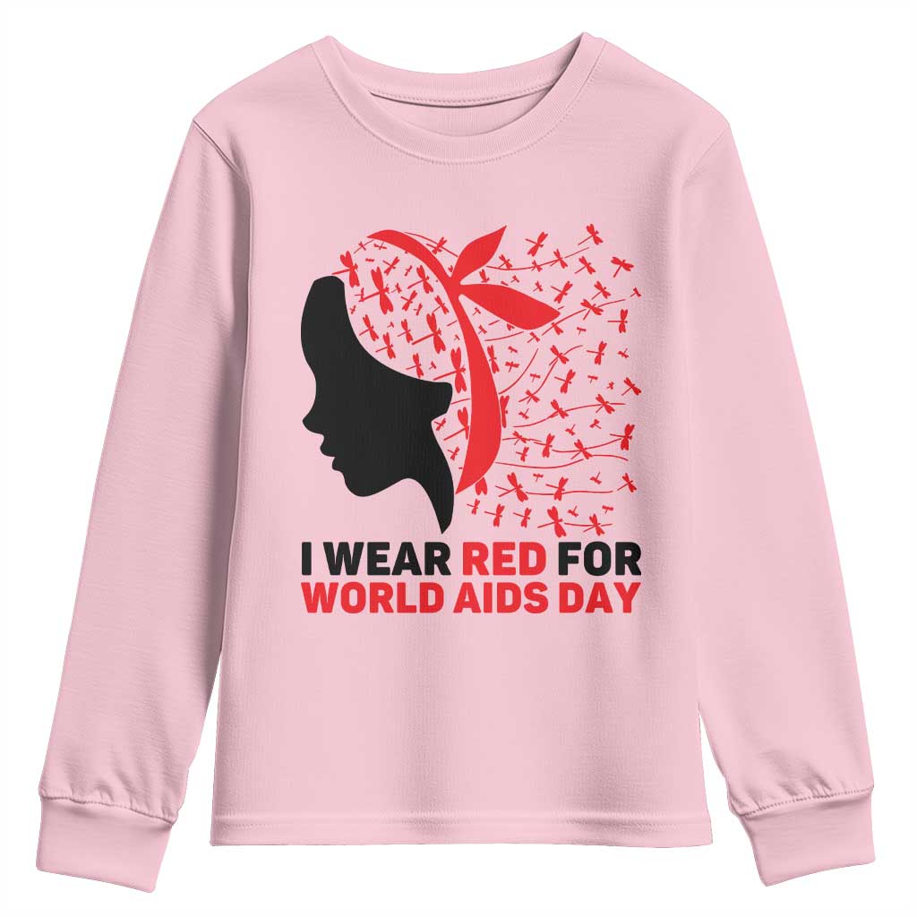 I Wear Red For World AIDS Day Youth Sweatshirt HIV Awareness Dragonfly Support Gift TS12 Light Pink Print Your Wear