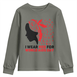 I Wear Red For World AIDS Day Youth Sweatshirt HIV Awareness Dragonfly Support Gift TS12 Military Green Print Your Wear