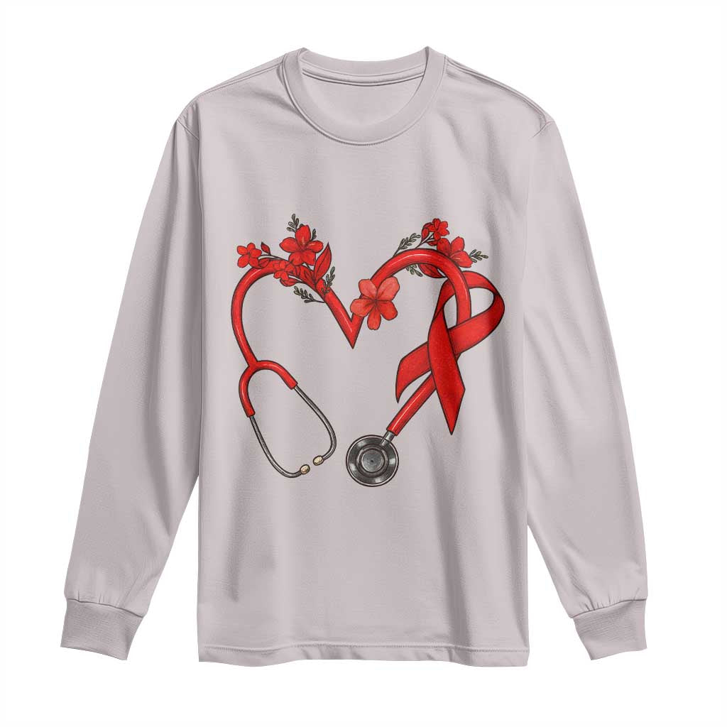Healthcare Hero HIV Awareness Long Sleeve Shirt Red Ribbon Support Gift TS12 Ice Gray Print Your Wear