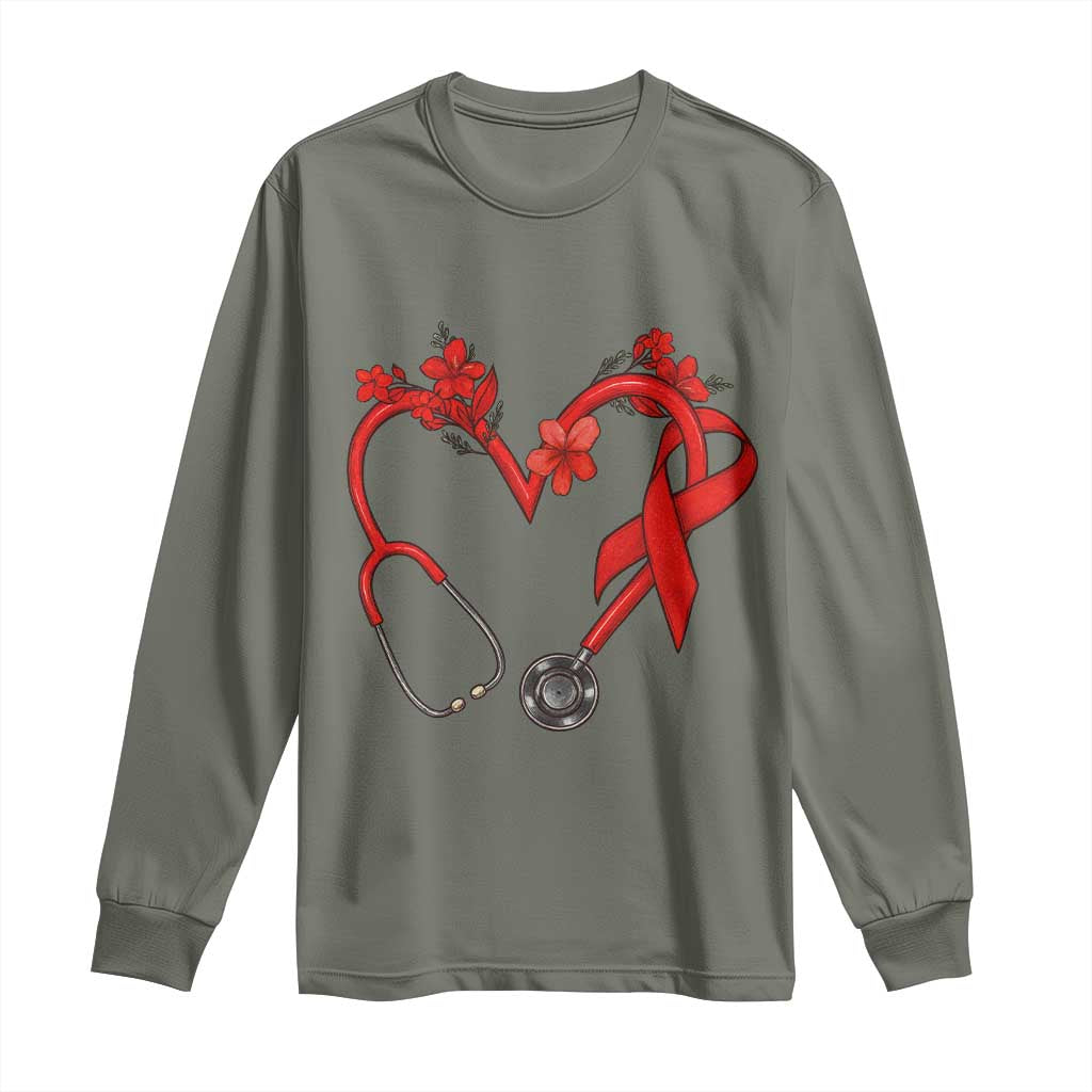 Healthcare Hero HIV Awareness Long Sleeve Shirt Red Ribbon Support Gift TS12 Military Green Print Your Wear