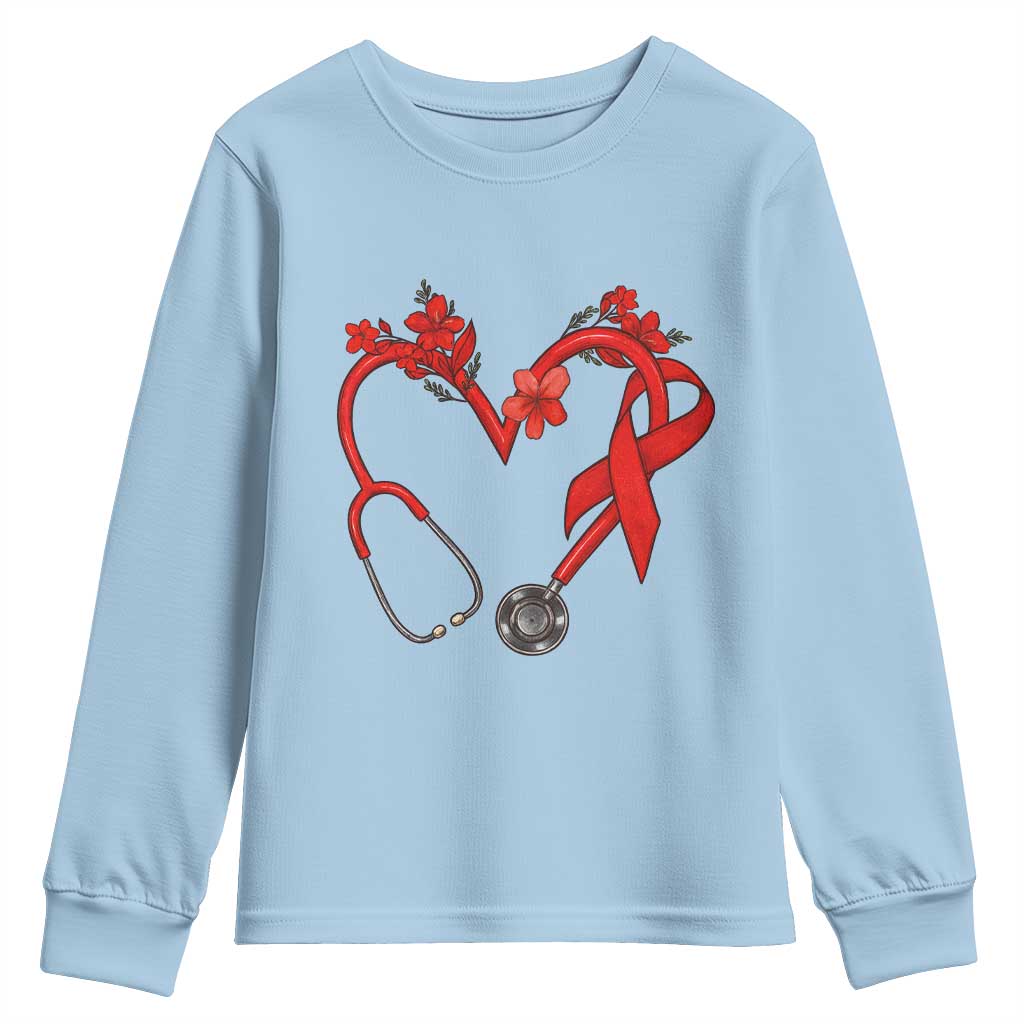 Healthcare Hero HIV Awareness Youth Sweatshirt Red Ribbon Support Gift TS12 Light Blue Print Your Wear