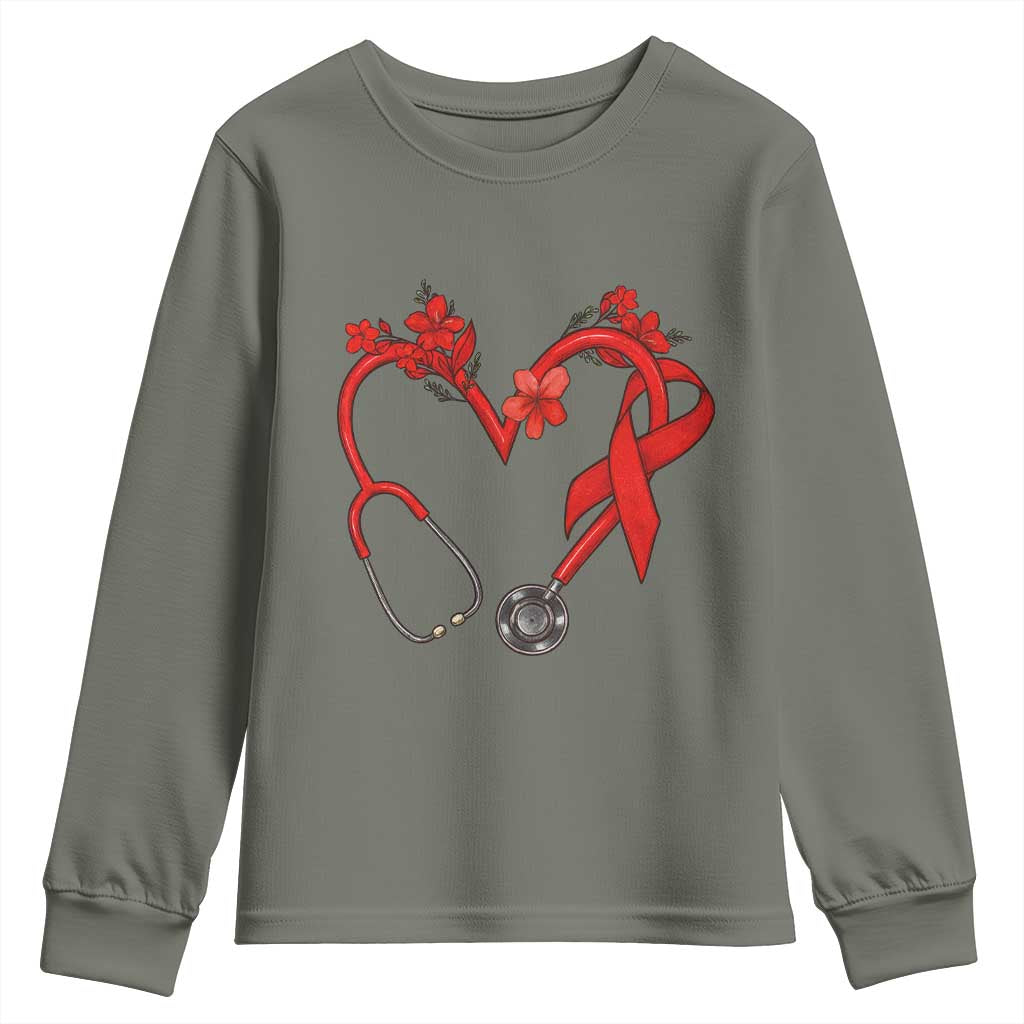 Healthcare Hero HIV Awareness Youth Sweatshirt Red Ribbon Support Gift TS12 Military Green Print Your Wear
