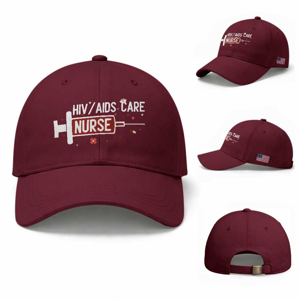 HIV AIDS Care Nurse Baseball Cap Red Ribbon Support Gift TS12 Baseball Cap Universal Fit Maroon Print Your Wear