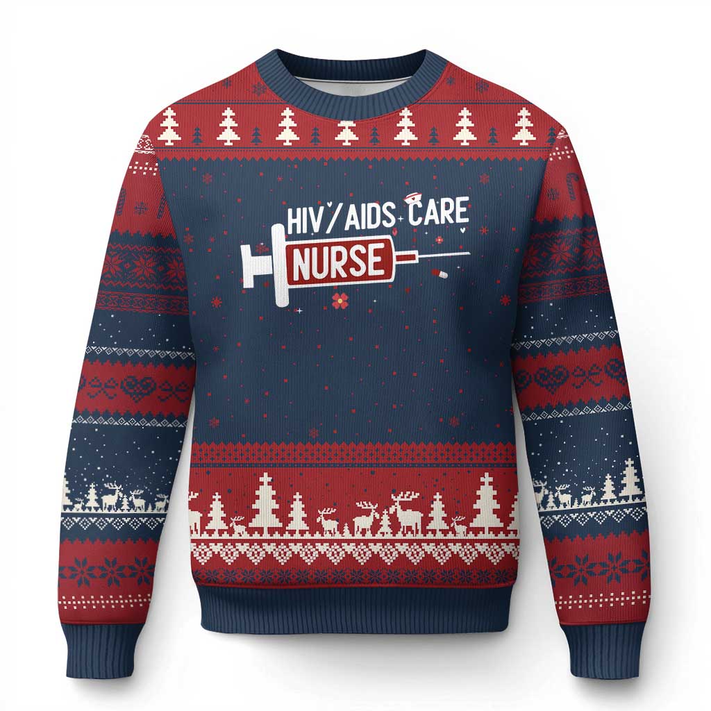 HIV AIDS Care Nurse Ugly Christmas Sweater Red Ribbon Support Gift TS12 Navy Red Print Your Wear
