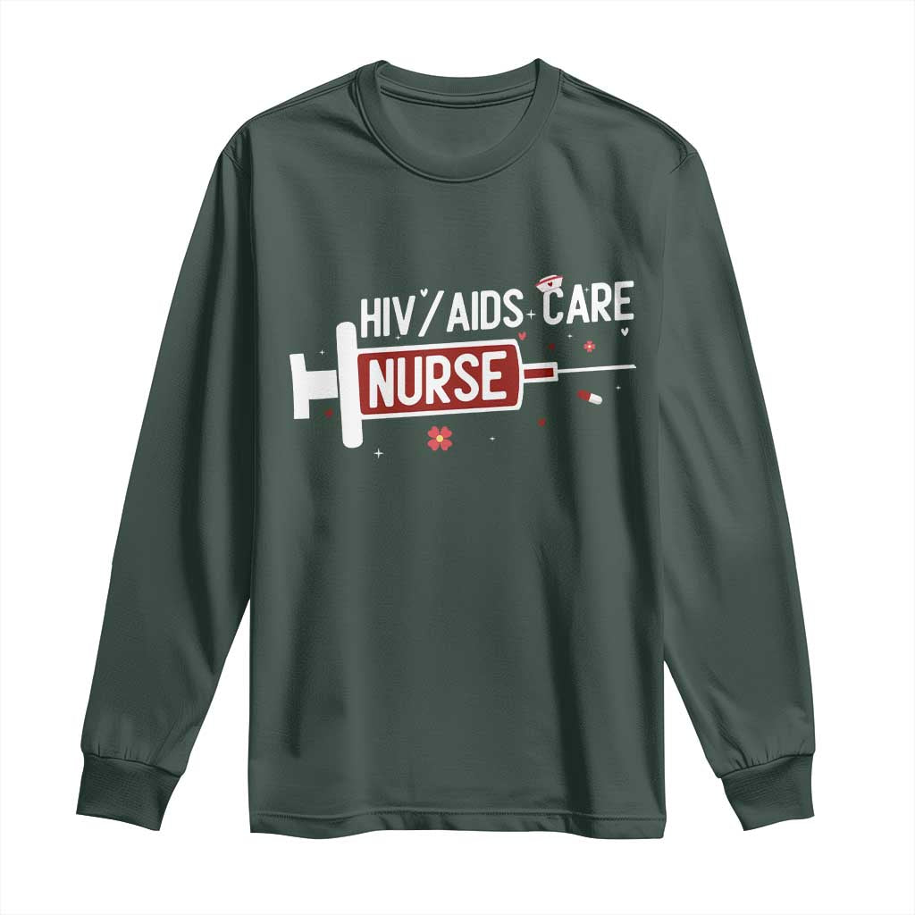 HIV AIDS Care Nurse Long Sleeve Shirt Red Ribbon Support Gift TS12 Dark Forest Green Print Your Wear