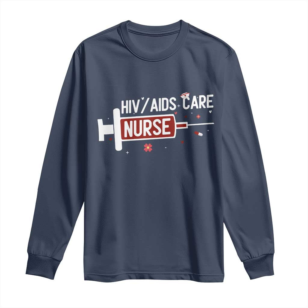HIV AIDS Care Nurse Long Sleeve Shirt Red Ribbon Support Gift TS12 Navy Print Your Wear
