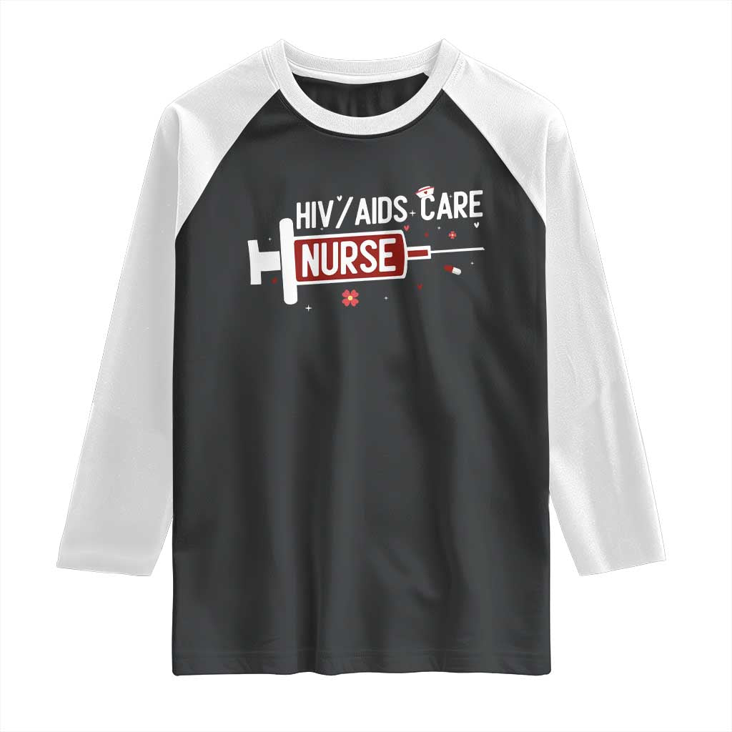 HIV AIDS Care Nurse Raglan Shirt Red Ribbon Support Gift TS12 Black White Print Your Wear