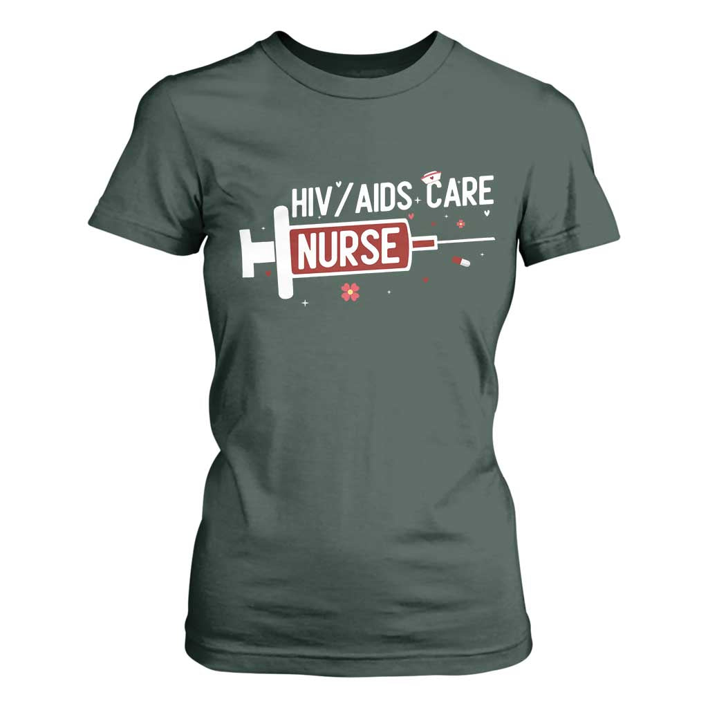 HIV AIDS Care Nurse T Shirt For Women Red Ribbon Support Gift TS12 Dark Forest Green Print Your Wear
