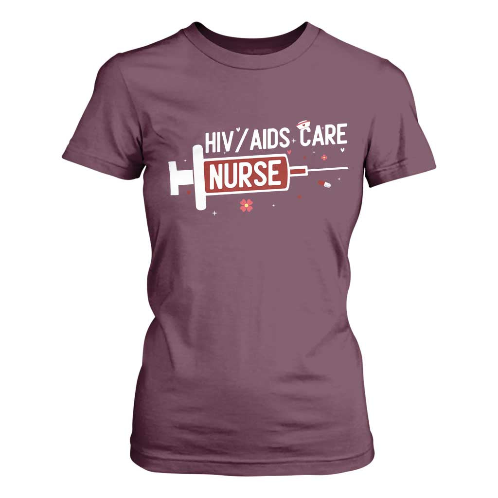 HIV AIDS Care Nurse T Shirt For Women Red Ribbon Support Gift TS12 Maroon Print Your Wear