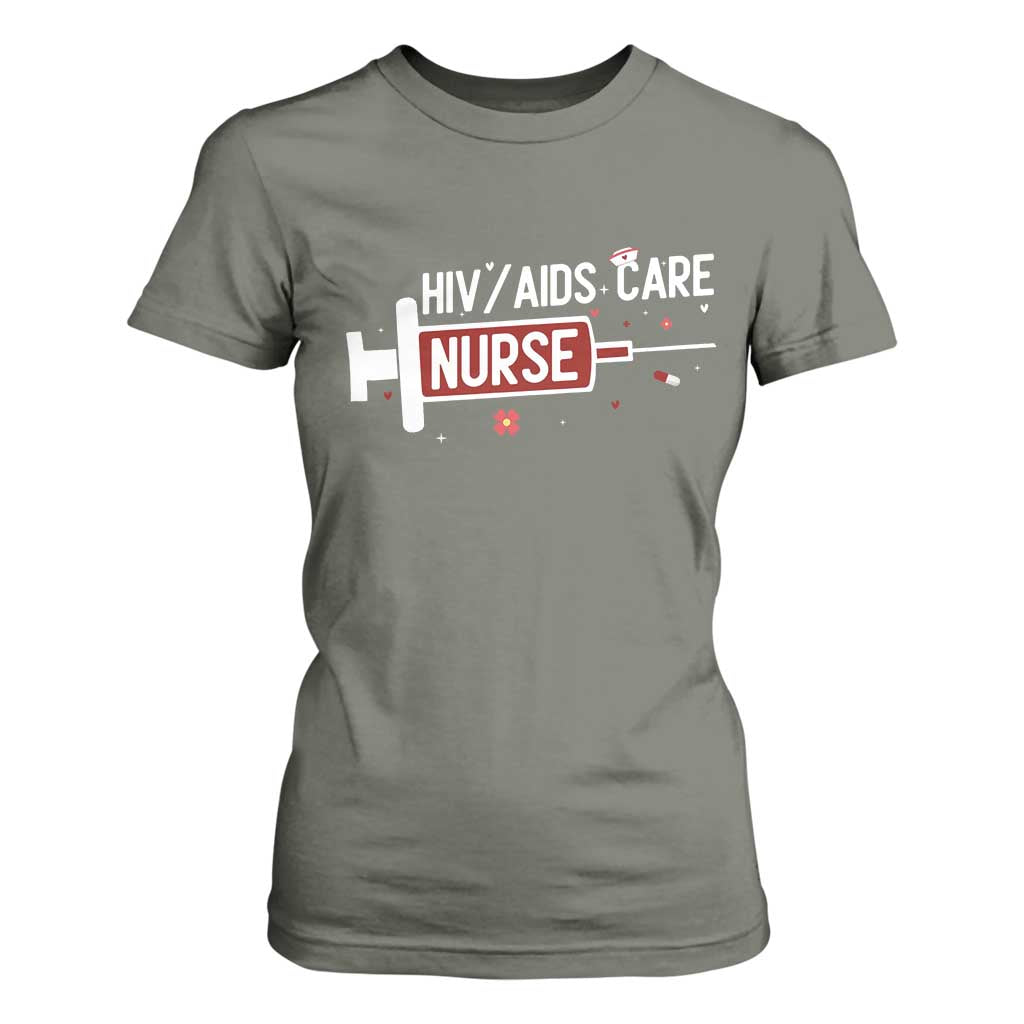 HIV AIDS Care Nurse T Shirt For Women Red Ribbon Support Gift TS12 Military Green Print Your Wear