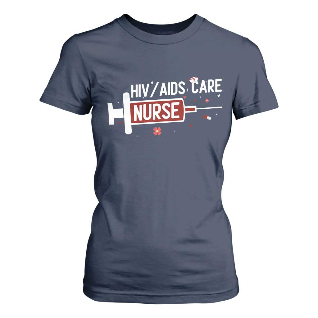 HIV AIDS Care Nurse T Shirt For Women Red Ribbon Support Gift TS12 Navy Print Your Wear