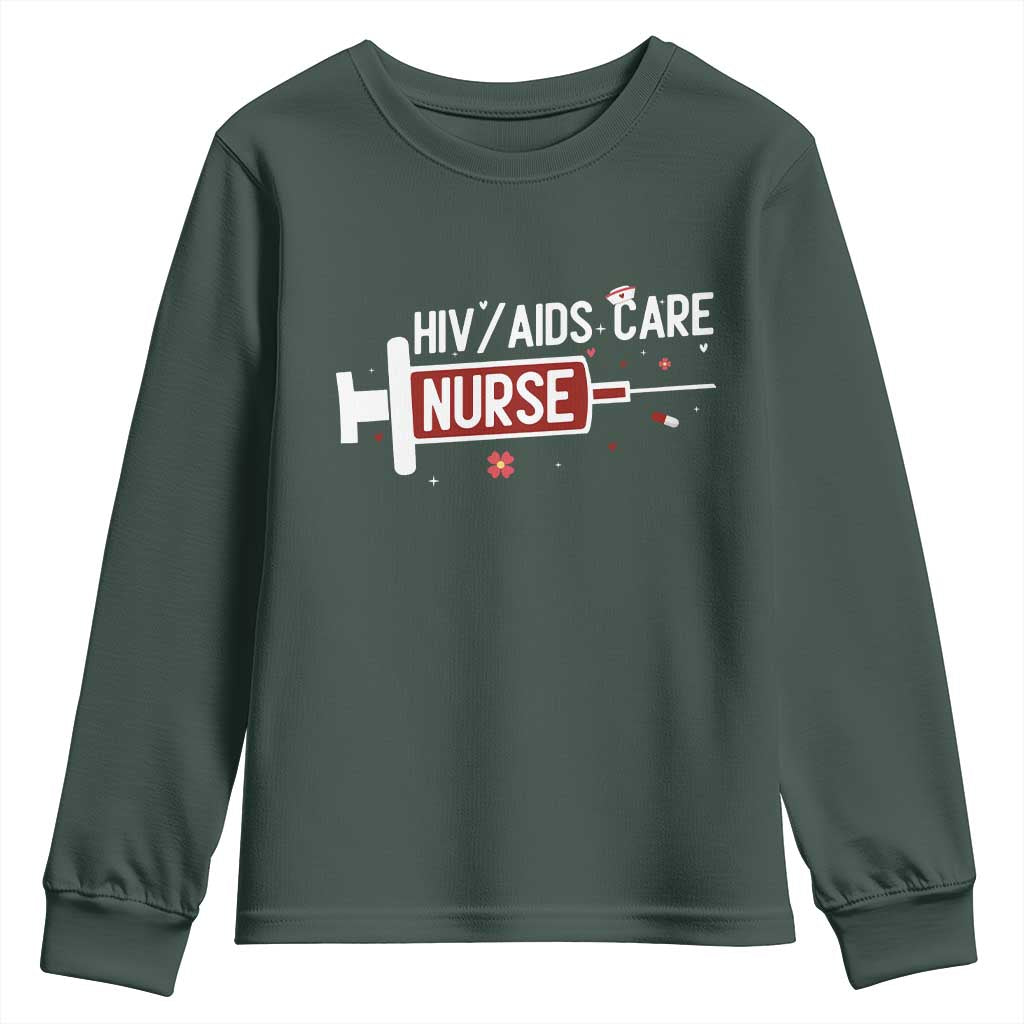 HIV AIDS Care Nurse Youth Sweatshirt Red Ribbon Support Gift TS12 Dark Forest Green Print Your Wear