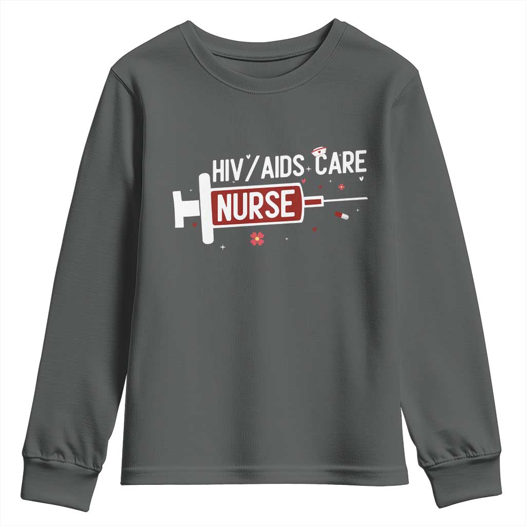 HIV AIDS Care Nurse Youth Sweatshirt Red Ribbon Support Gift TS12 Dark Heather Print Your Wear