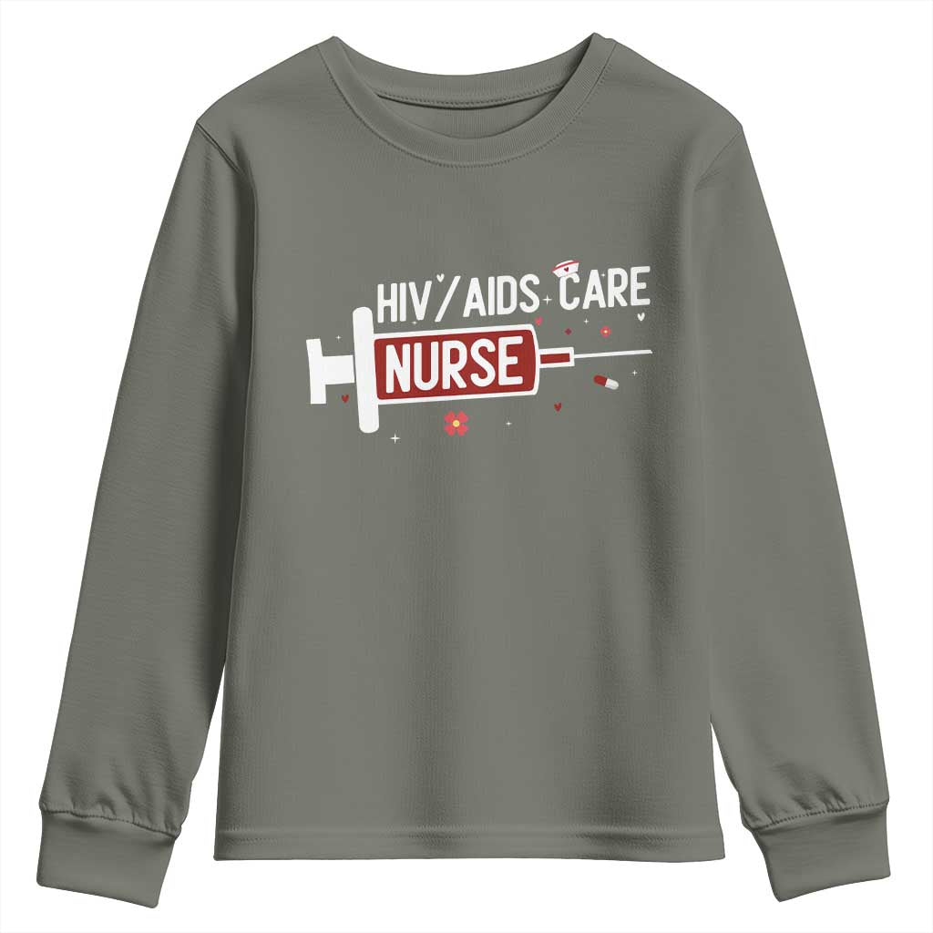 HIV AIDS Care Nurse Youth Sweatshirt Red Ribbon Support Gift TS12 Military Green Print Your Wear