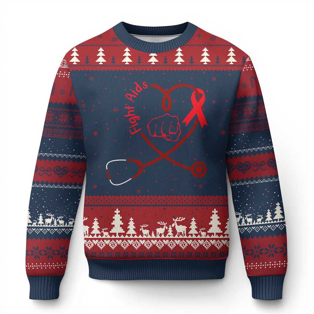 Fight AIDS Nurse Ugly Christmas Sweater Red Ribbon HIV Awareness Gift TS12 Navy Red Print Your Wear