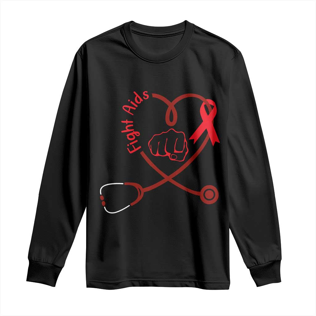 Fight AIDS Nurse Long Sleeve Shirt Red Ribbon HIV Awareness Gift TS12 Black Print Your Wear