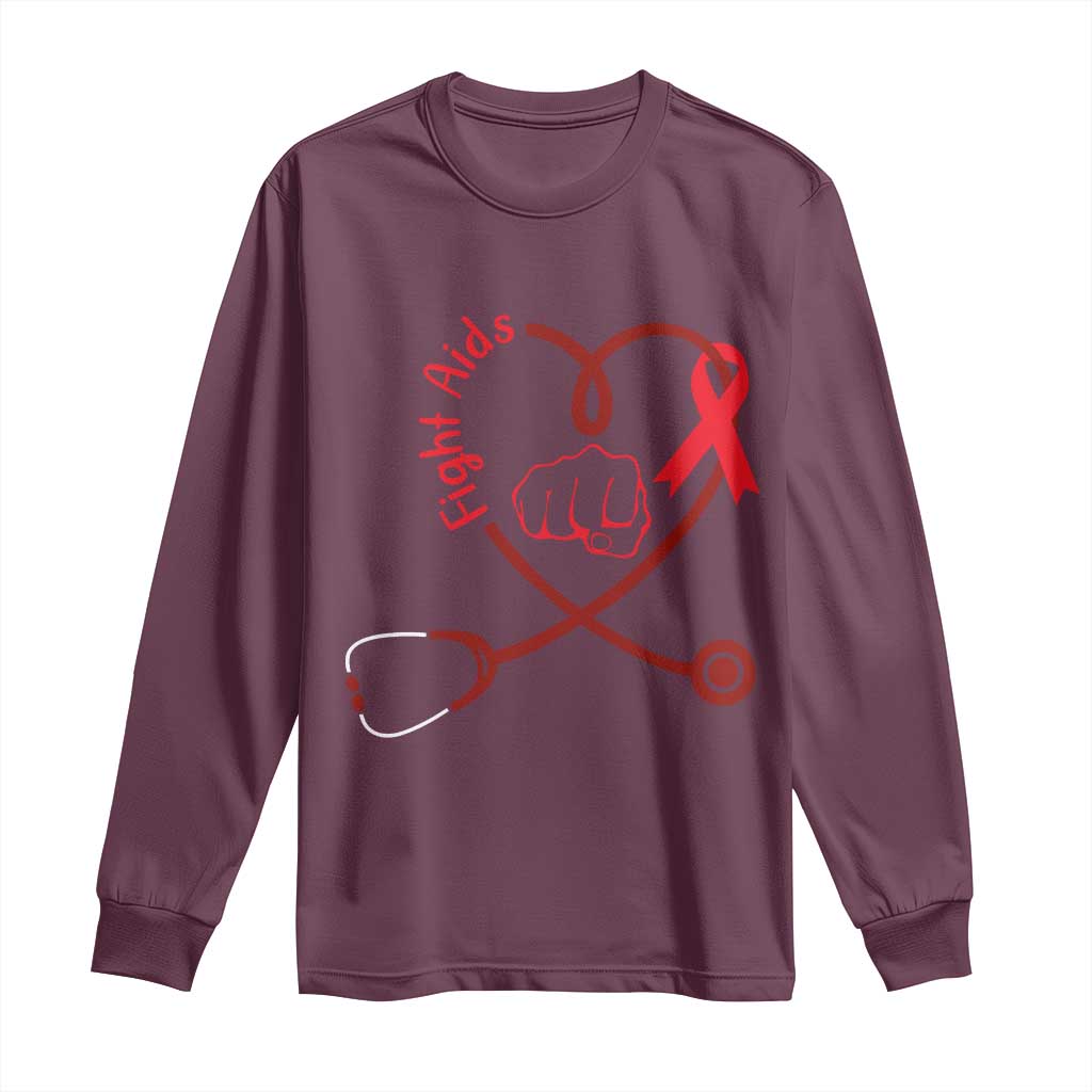 Fight AIDS Nurse Long Sleeve Shirt Red Ribbon HIV Awareness Gift TS12 Maroon Print Your Wear
