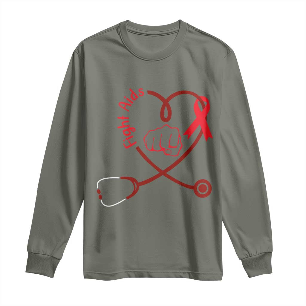 Fight AIDS Nurse Long Sleeve Shirt Red Ribbon HIV Awareness Gift TS12 Military Green Print Your Wear