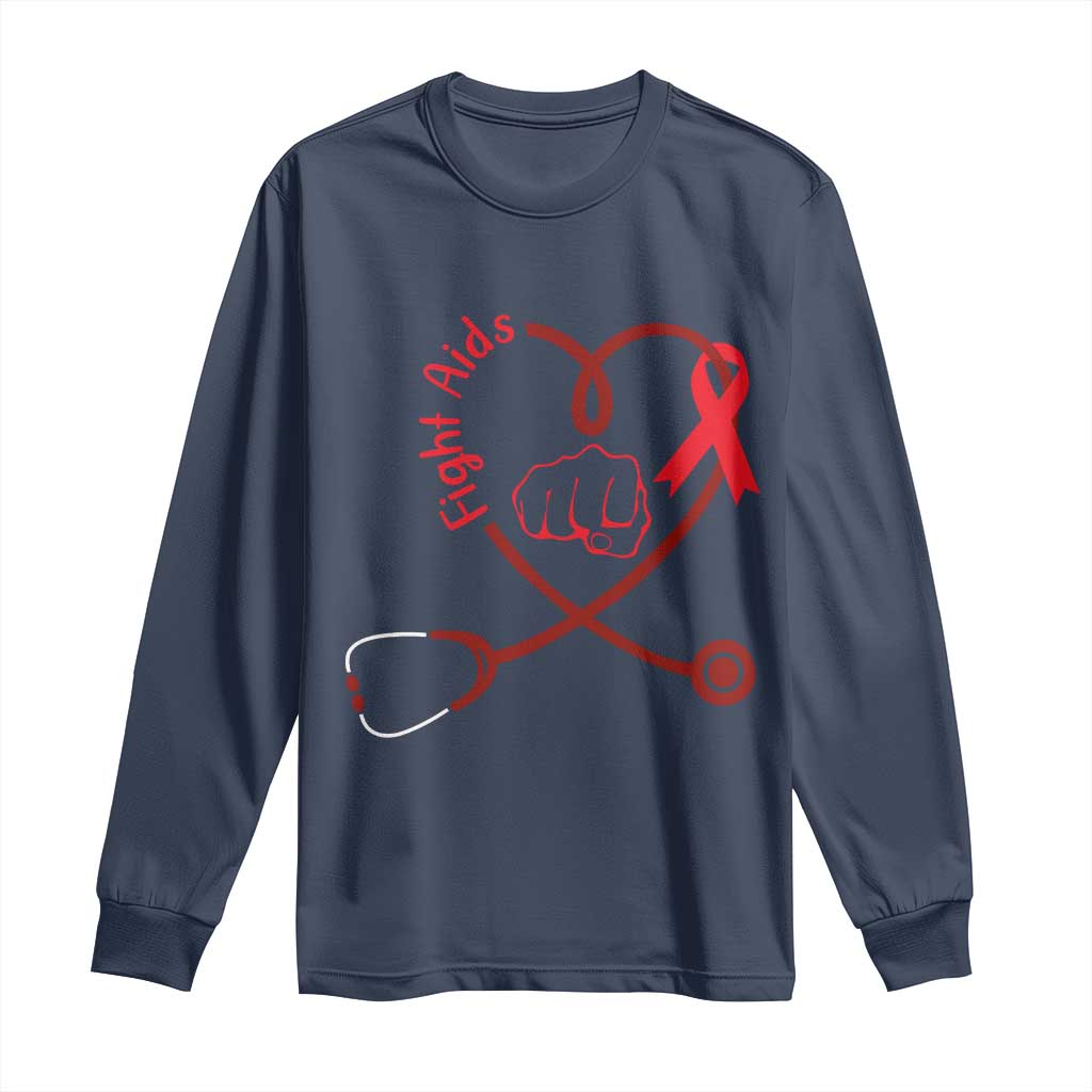Fight AIDS Nurse Long Sleeve Shirt Red Ribbon HIV Awareness Gift TS12 Navy Print Your Wear
