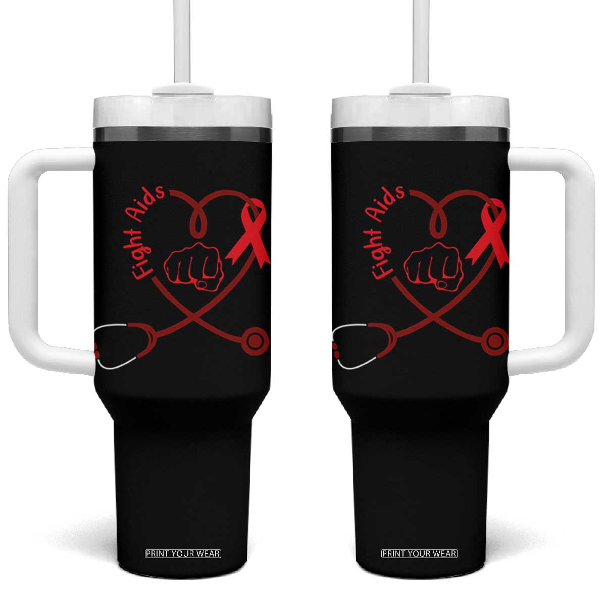 Fight AIDS Nurse Tumbler With Handle Red Ribbon HIV Awareness Gift TS12 One Size: 40 oz Black Print Your Wear