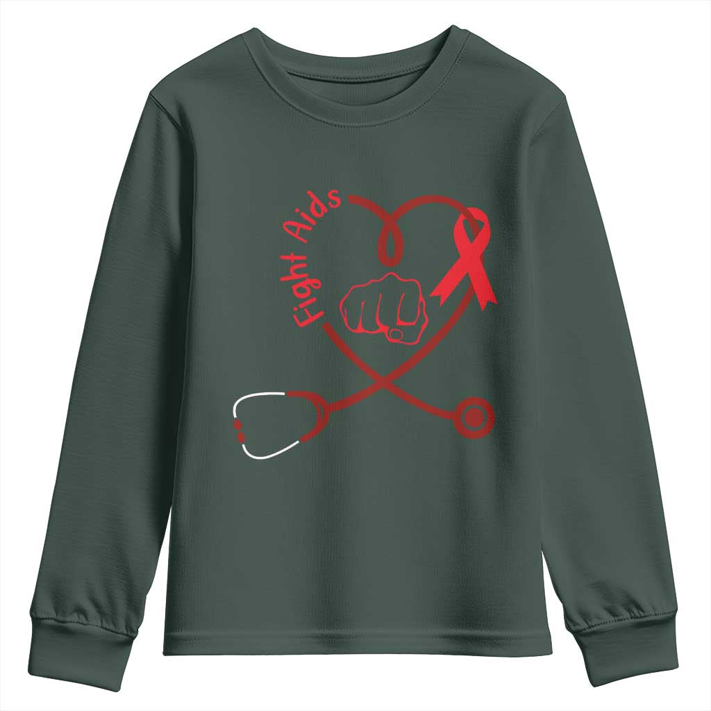 Fight AIDS Nurse Youth Sweatshirt Red Ribbon HIV Awareness Gift TS12 Dark Forest Green Print Your Wear