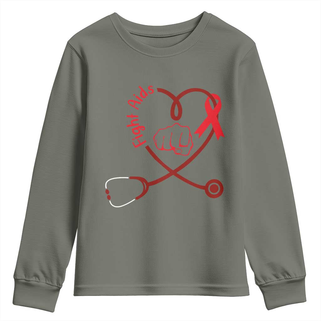 Fight AIDS Nurse Youth Sweatshirt Red Ribbon HIV Awareness Gift TS12 Military Green Print Your Wear