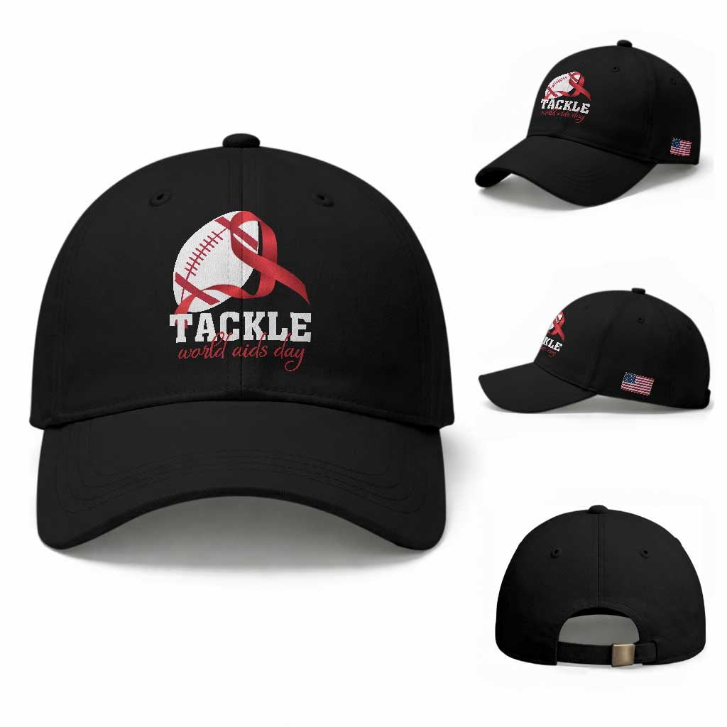 Tackle World AIDS Day Baseball Cap Red Ribbon Football Awareness Gift TS12 Baseball Cap Universal Fit Black Print Your Wear