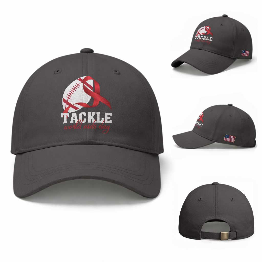 Tackle World AIDS Day Baseball Cap Red Ribbon Football Awareness Gift TS12 Baseball Cap Universal Fit Dark Gray Print Your Wear