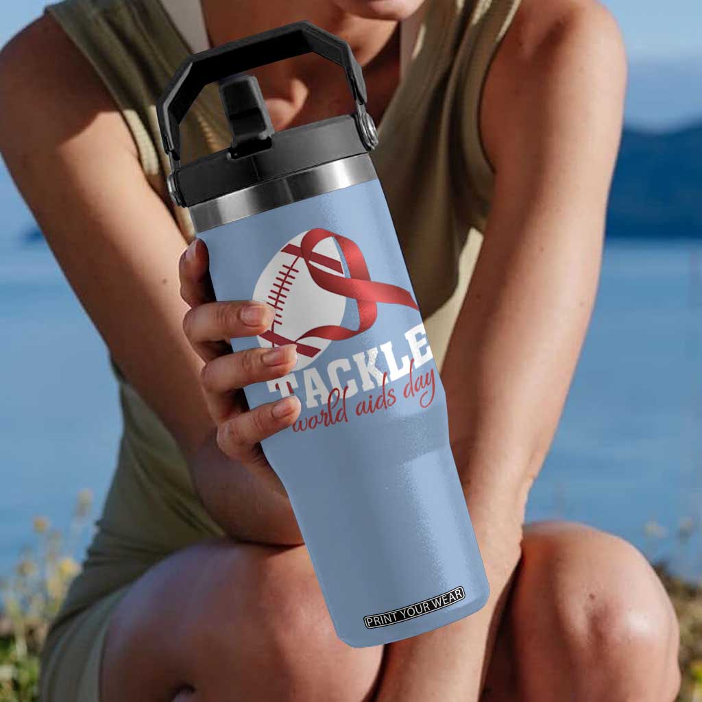 Tackle World AIDS Day Flip Straw Tumbler Red Ribbon Football Awareness Gift TS12 One Size: 30 oz Light Blue Print Your Wear