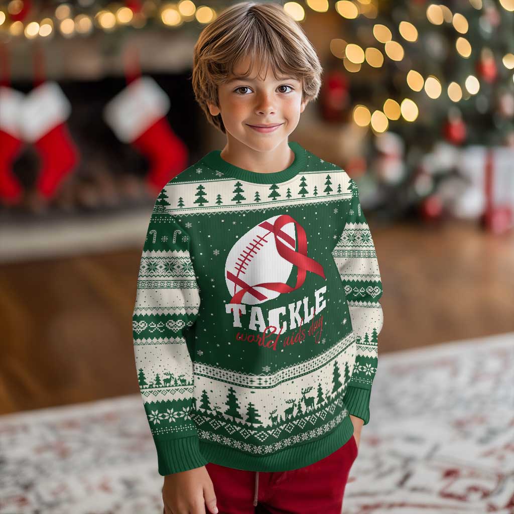 Tackle World AIDS Day Ugly Christmas Sweater Red Ribbon Football Awareness Gift TS12 Forest Green Beige Print Your Wear